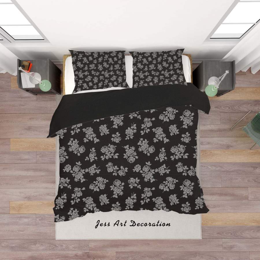 3D Black Floral Quilt Cover Set Bedding Set Duvet Cover Pillowcases SF128