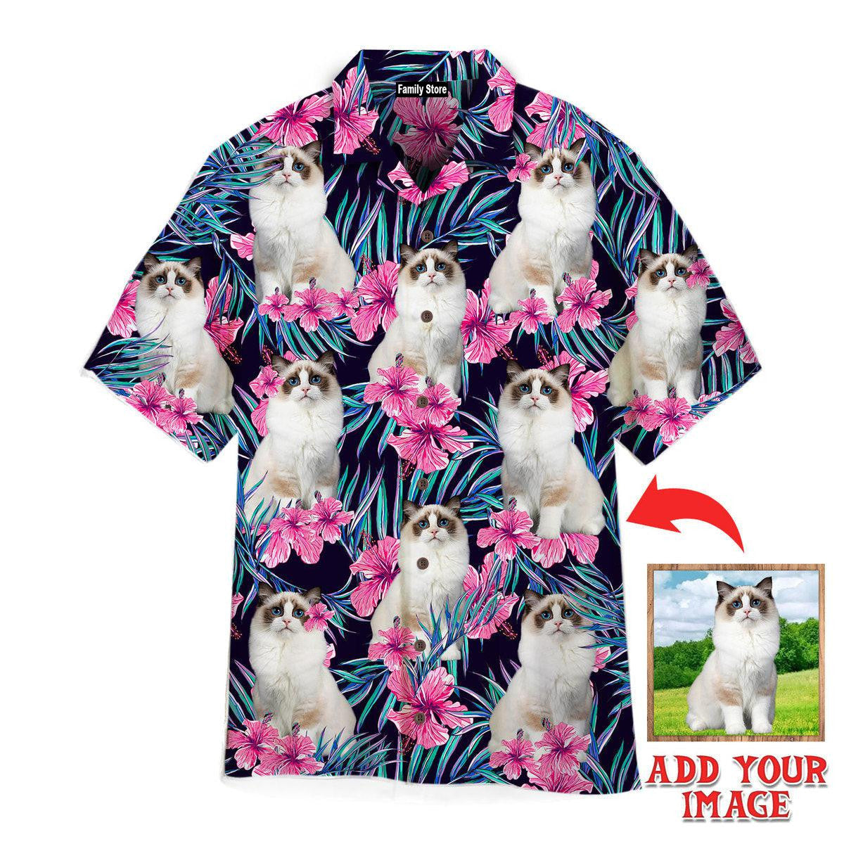 White Ragdoll Cat Hide And Seek In Pink Floral Tropical Hawaiian Shirt