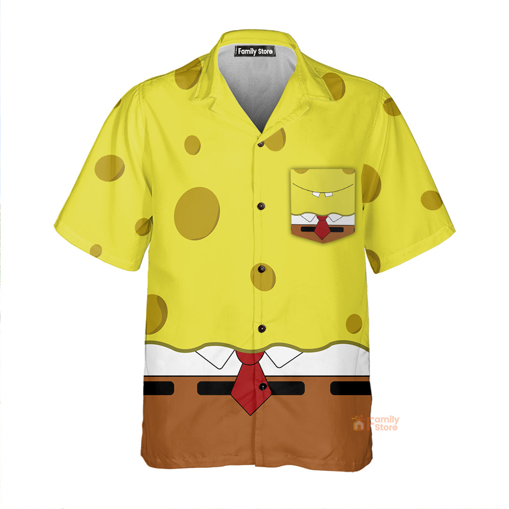 Yellow Sponge Man Cartoon Costume Breast Pocke Hawaiian Shirt