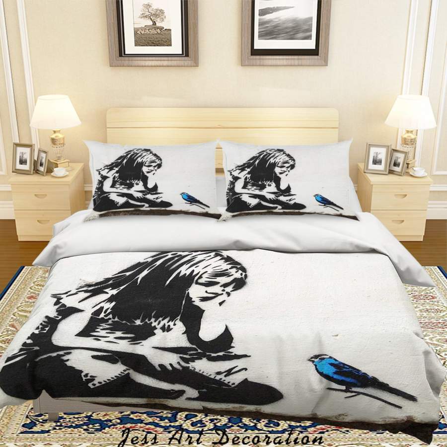 3D Banksy Mural Alone Girl Color Bird Quilt Cover Set Bedding Set Duvet Cover Pillowcases  ZY D94