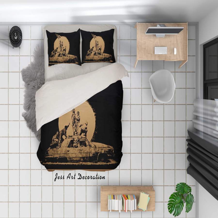 3D Banksy Gold Flag Moon Quilt Cover Set Bedding Set Duvet Cover Pillowcases  ZY D26