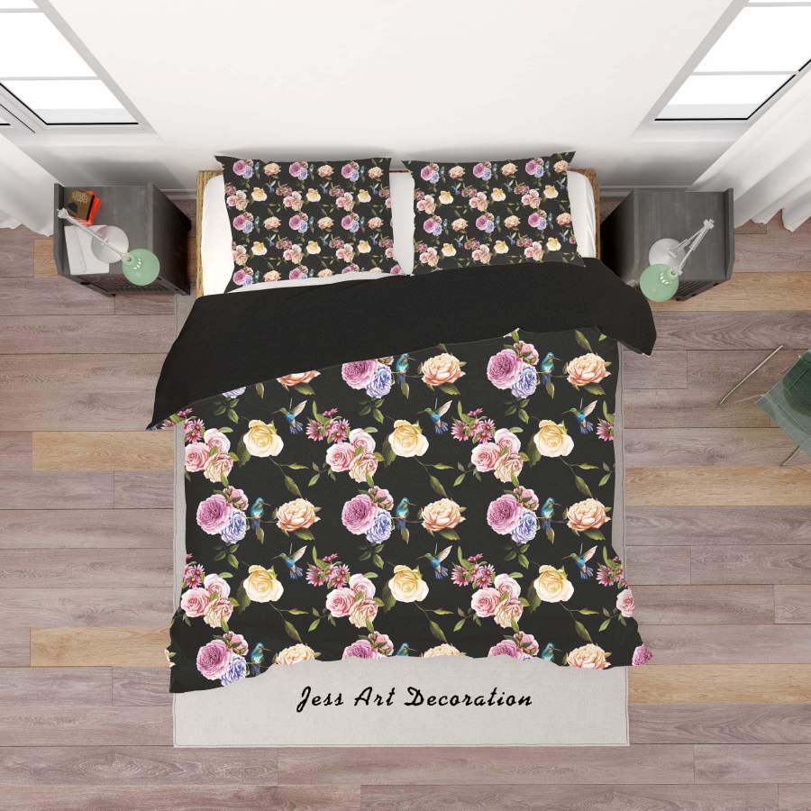 3D Black Hummingbird Flowers Quilt Cover Set Bedding Set Duvet Cover Pillowcases SF02