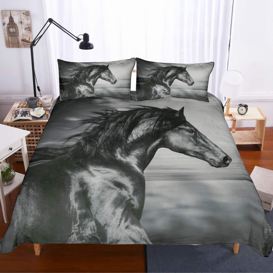 3D Black Galloping Horse Quilt Cover Set Bedding Set Pillowcases 231