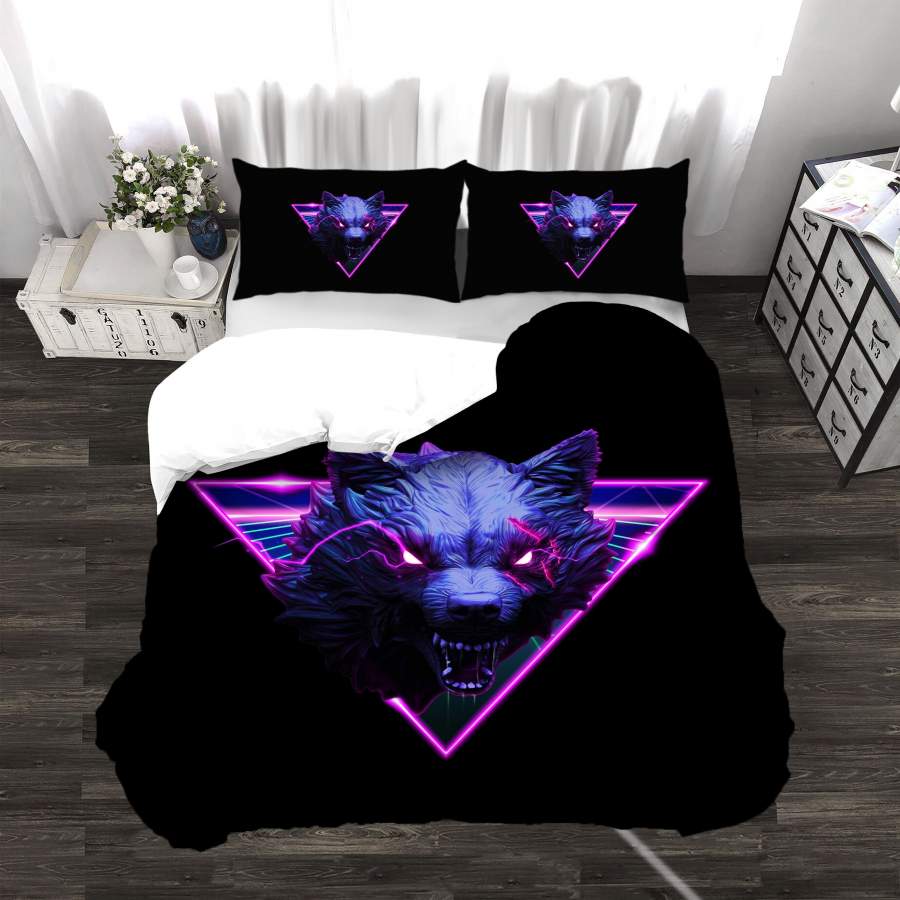 3D Black Pink Blue Wolf Triangle Quilt Cover Set Bedding Set Duvet Cover Pillowcases SF