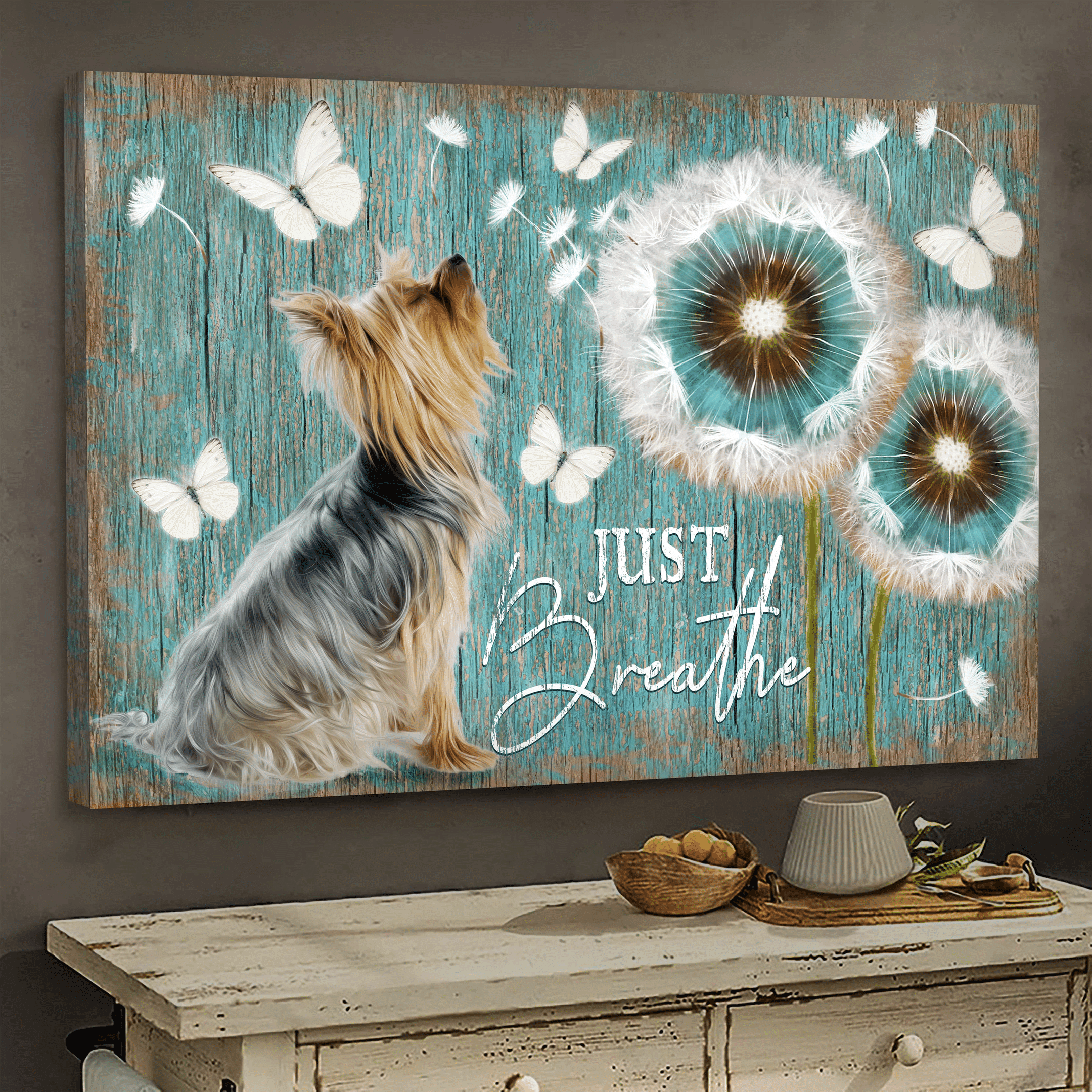 Yorkshire Terrier, Dandelion, Butterfly – Just Breath Dog Landscape Canvas