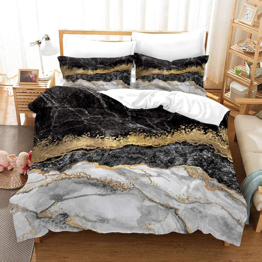 3D Black Gold Marble Quilt Cover Set Bedding Set Duvet Cover Pillowcases A409 LQH