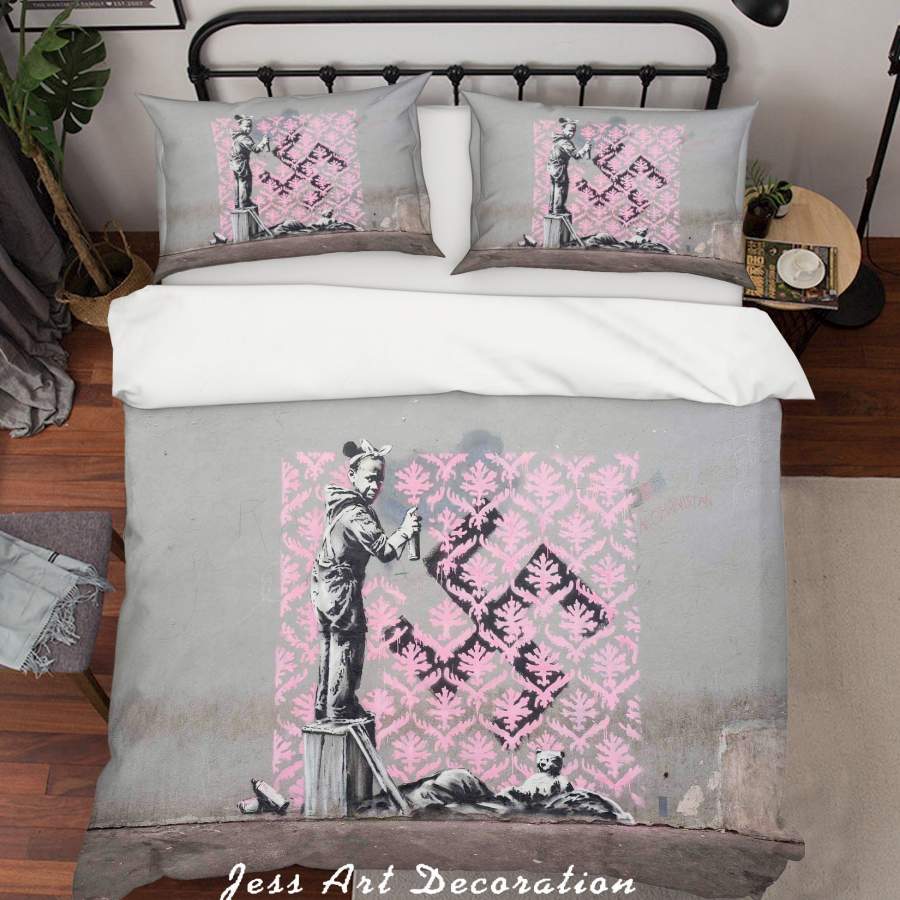 3D Banksy Floral Pattern Pink Girl Quilt Cover Set Bedding Set Duvet Cover Pillowcases  ZY D27