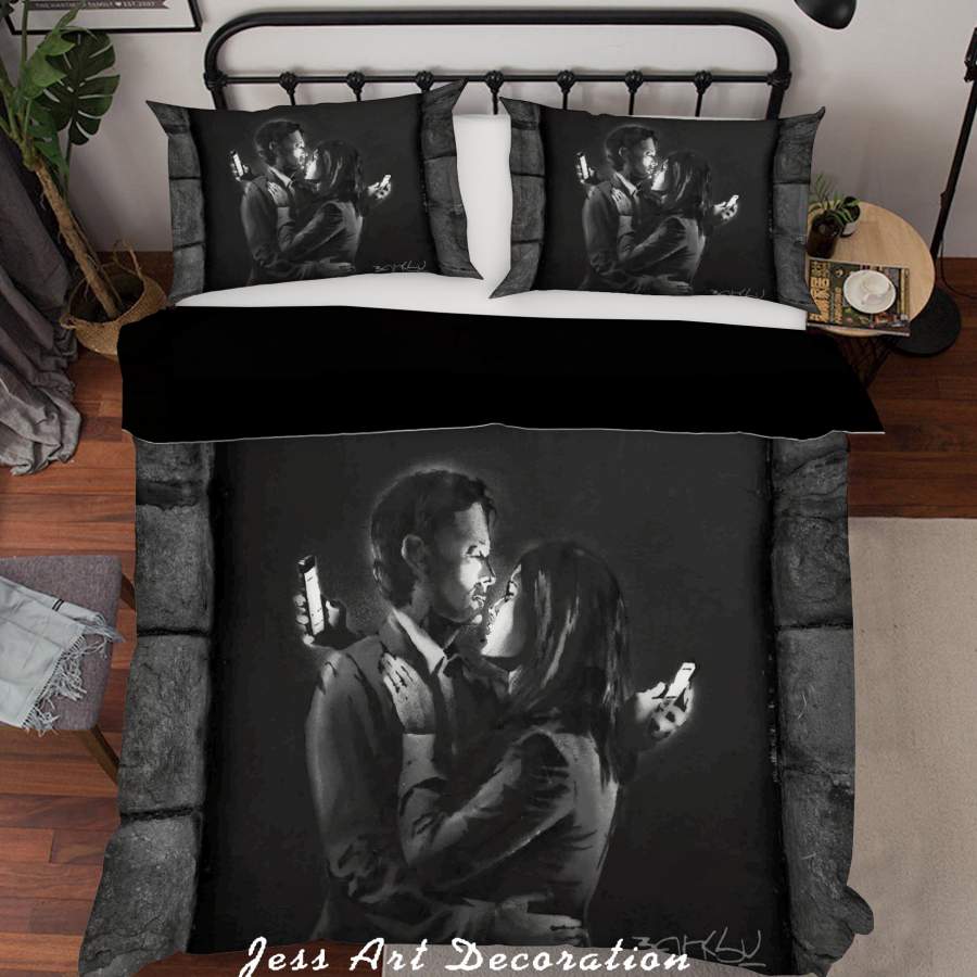 3D Banksy Mural Phone Lover Black White Quilt Cover Set Bedding Set Duvet Cover Pillowcases  ZY D128