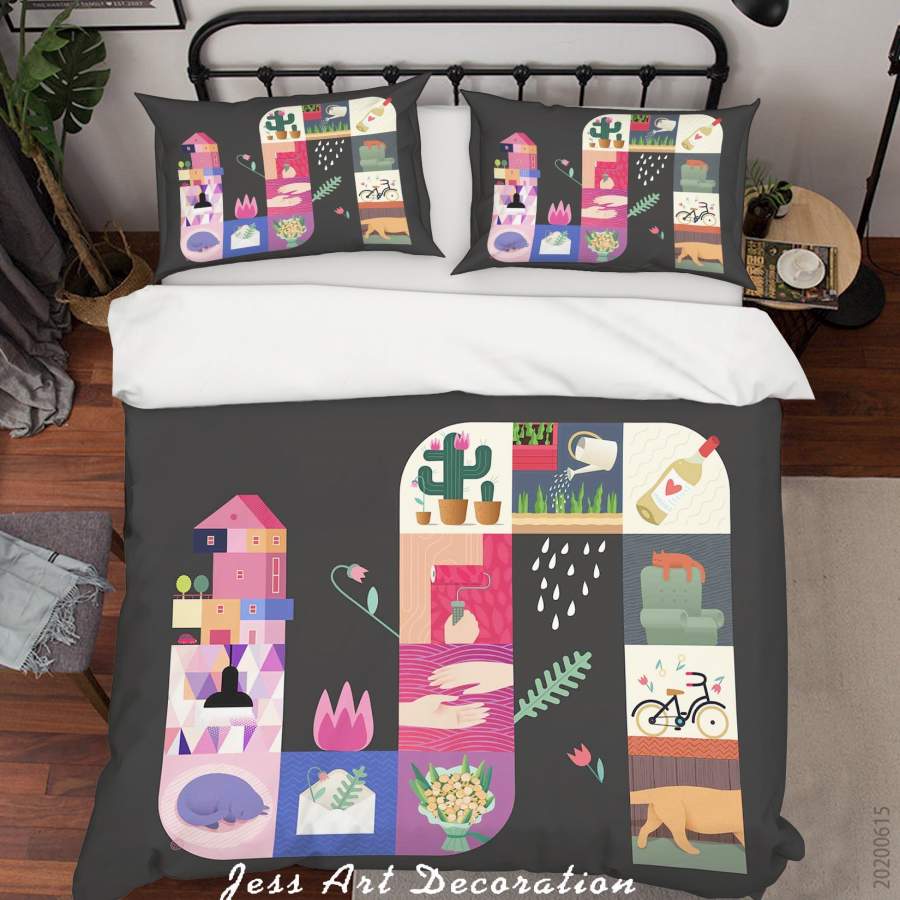 3D Black Cartoon House Cat Flowers Cactus Quilt Cover Set Bedding Set Duvet Cover Pillowcases SF68