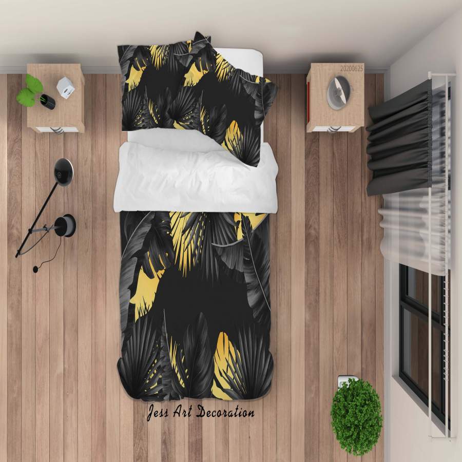 3D Black Golden Leaves Quilt Cover Set Bedding Set Duvet Cover Pillowcases SF44