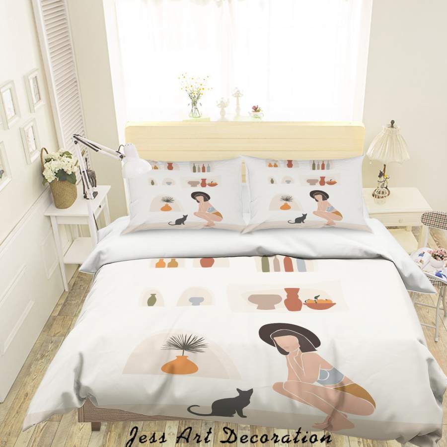 3D Beauty Woman Cat Porcelain Vase Plant Fruit Quilt Cover Set Bedding Set Duvet Cover Pillowcases SF25