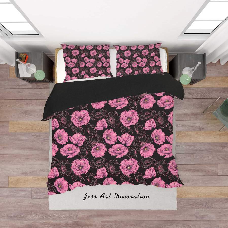 3D Black Pink Flowers Quilt Cover Set Bedding Set Duvet Cover Pillowcases SF114