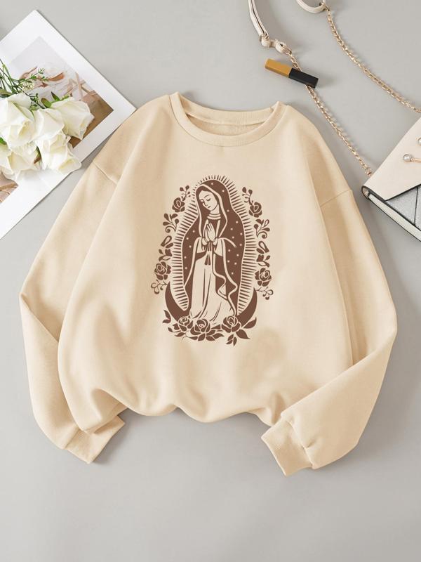 Women’s Figure Print Drop Shoulder Sweatshirt, Casual Long Sleeve Crew Neck Pullover for Spring & Fall, Women’s Clothes for Daily Wear