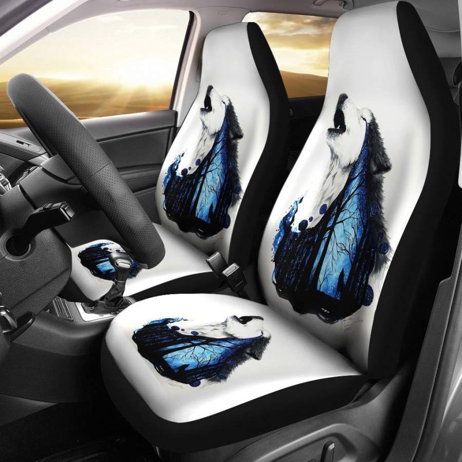 Wolf Art Howling in White theme Car Seat Covers