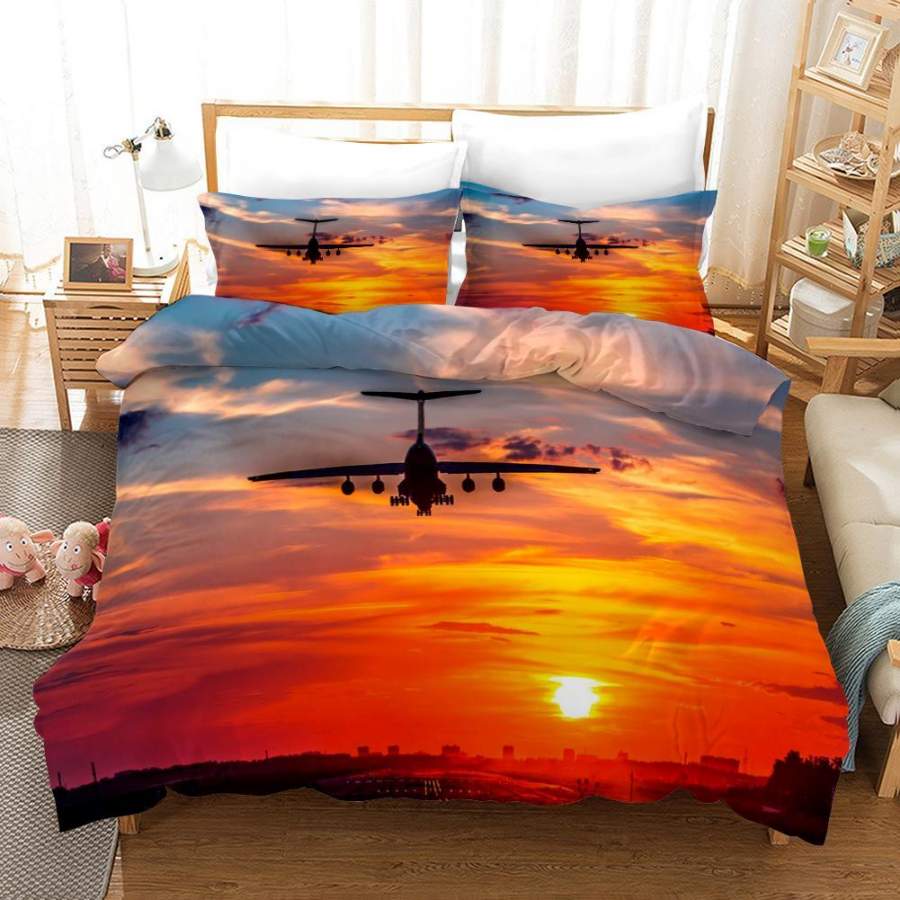 3D Airplane Orange Sky Quilt Cover Set Bedding Set Pillowcases 254